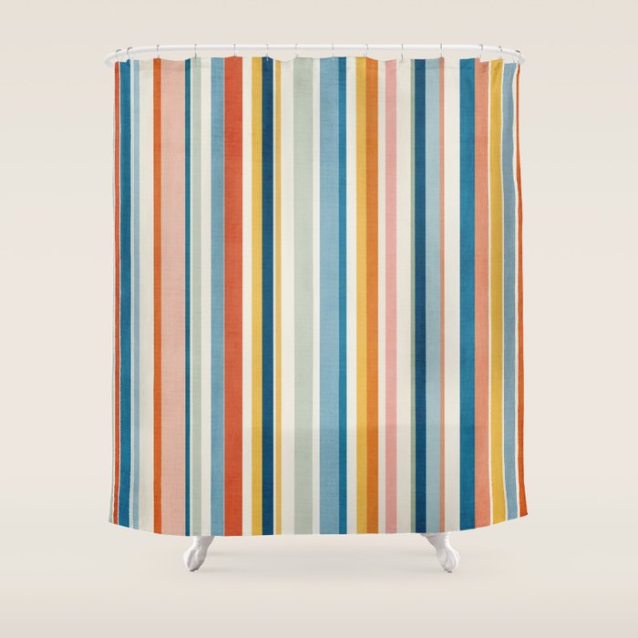Multicolored Stripes Blue Yellow Orange White Art Shower Curtain Gallery Image 1