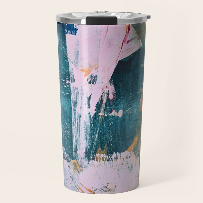 The Sword in the Stone: a vibrant abstract painting in blues pink and yellow by Alyssa Hamilton Art  Travel Mug Gallery Image 1