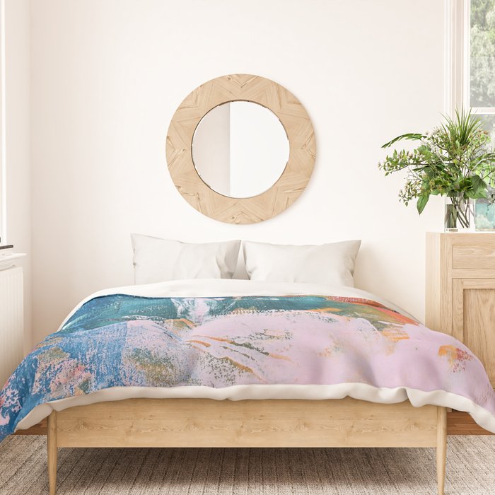 The Sword in the Stone: a vibrant abstract painting in blues pink and yellow by Alyssa Hamilton Art  Duvet Cover Gallery Image 3