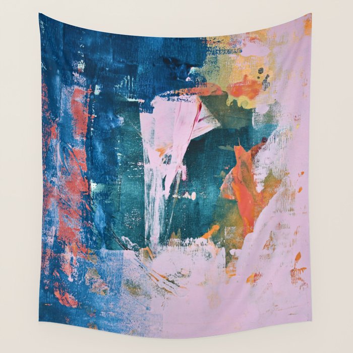 The Sword in the Stone: a vibrant abstract painting in blues pink and yellow by Alyssa Hamilton Art  Wall Tapestry Gallery Image 1