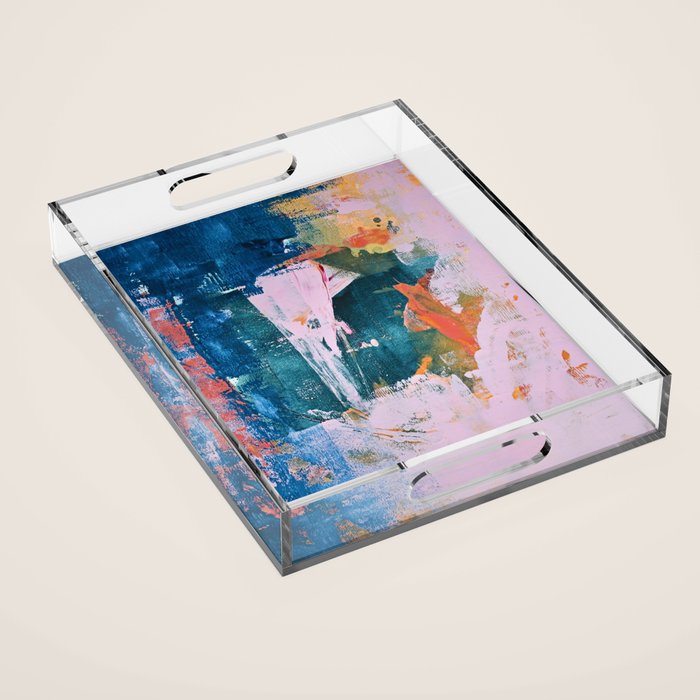 The Sword in the Stone: a vibrant abstract painting in blues pink and yellow by Alyssa Hamilton Art  Acrylic Tray Gallery Image 1