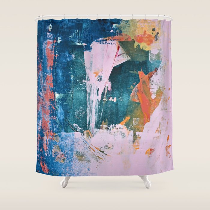 The Sword in the Stone: a vibrant abstract painting in blues pink and yellow by Alyssa Hamilton Art  Shower Curtain Gallery Image 1