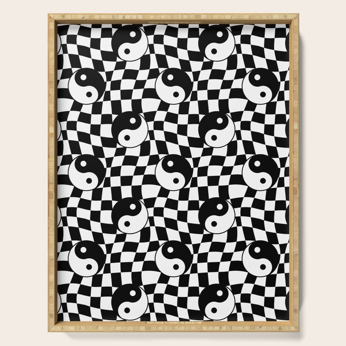 Black and white yin yang checkered pattern Serving Tray Gallery Image 1