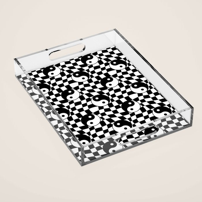 Black and white yin yang checkered pattern Acrylic Tray Gallery Image 1