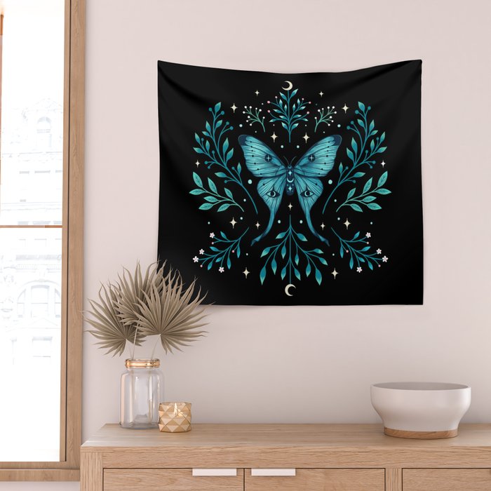 Mystical Luna Moth - Turquoise Wall Tapestry Gallery Image 2