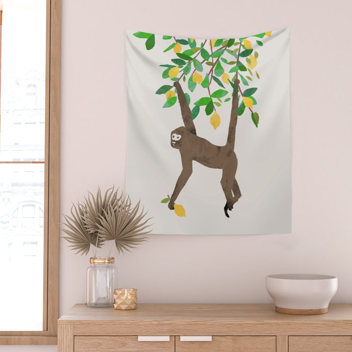 Monkey on lemon tree Wall Tapestry Gallery Image 2