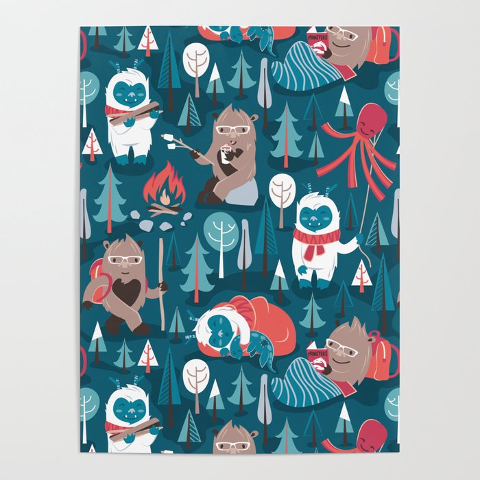 Besties // blue background white Yeti brown Bigfoot blue pine trees red and coral details Poster Gallery Image 1