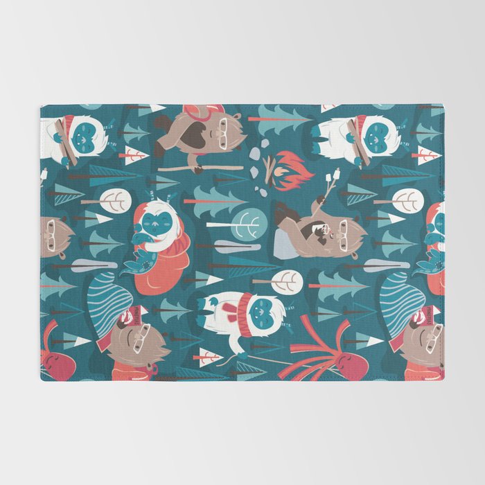 Besties // blue background white Yeti brown Bigfoot blue pine trees red and coral details Rug Gallery Image 2