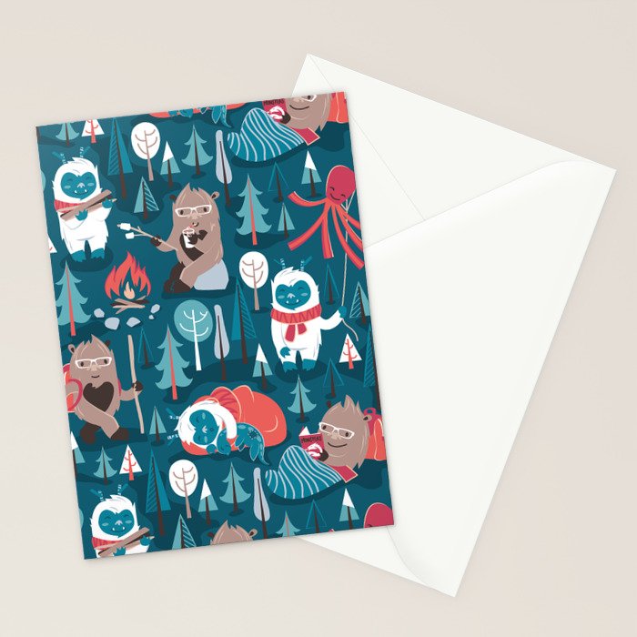 Besties // blue background white Yeti brown Bigfoot blue pine trees red and coral details Stationery Card Gallery Image 2