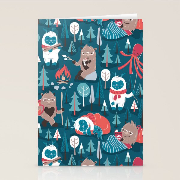 Besties // blue background white Yeti brown Bigfoot blue pine trees red and coral details Stationery Card Gallery Image 2
