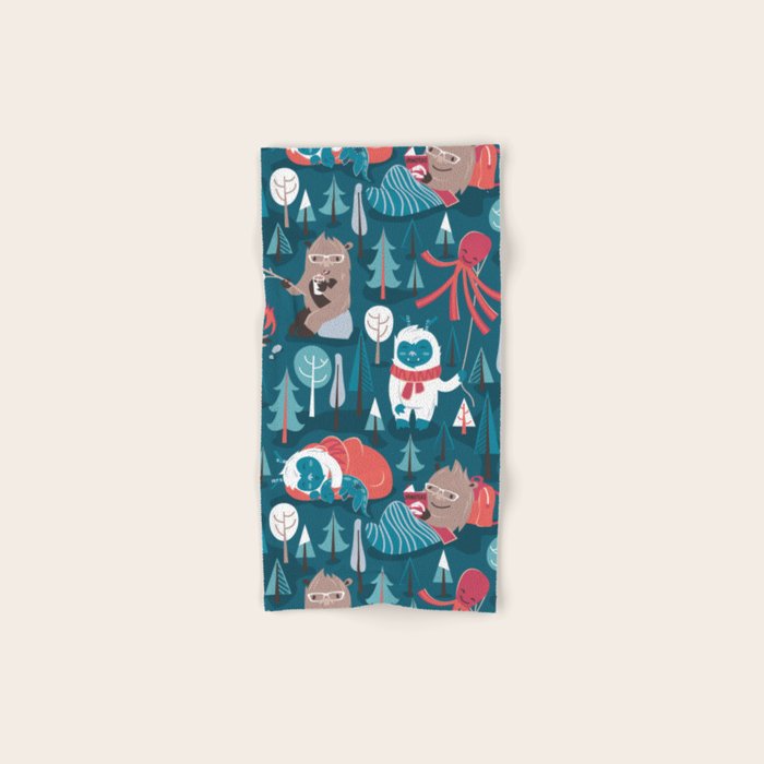 Besties // blue background white Yeti brown Bigfoot blue pine trees red and coral details Bath Towel Gallery Image 1