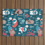 Besties // blue background white Yeti brown Bigfoot blue pine trees red and coral details Outdoor Rug Gallery Image 1