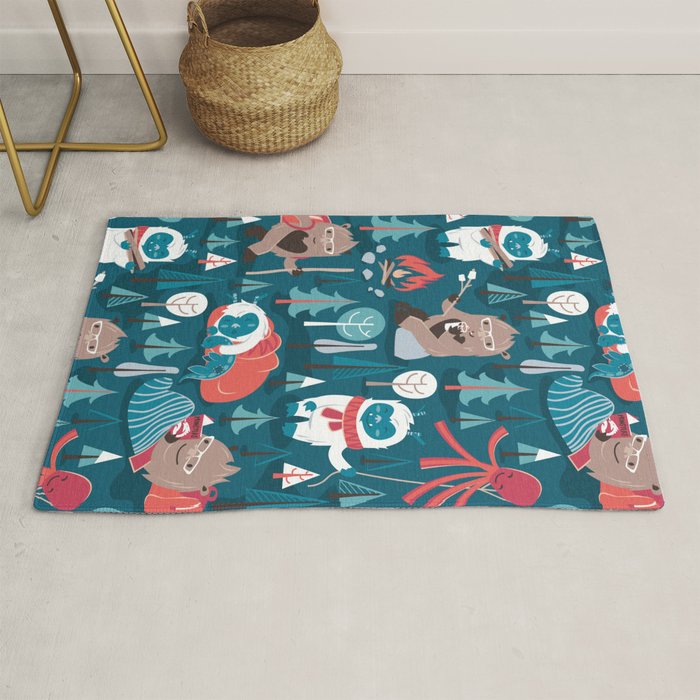 Besties // blue background white Yeti brown Bigfoot blue pine trees red and coral details Rug Gallery Image 1