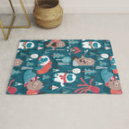 Besties // blue background white Yeti brown Bigfoot blue pine trees red and coral details Rug Gallery Image 1