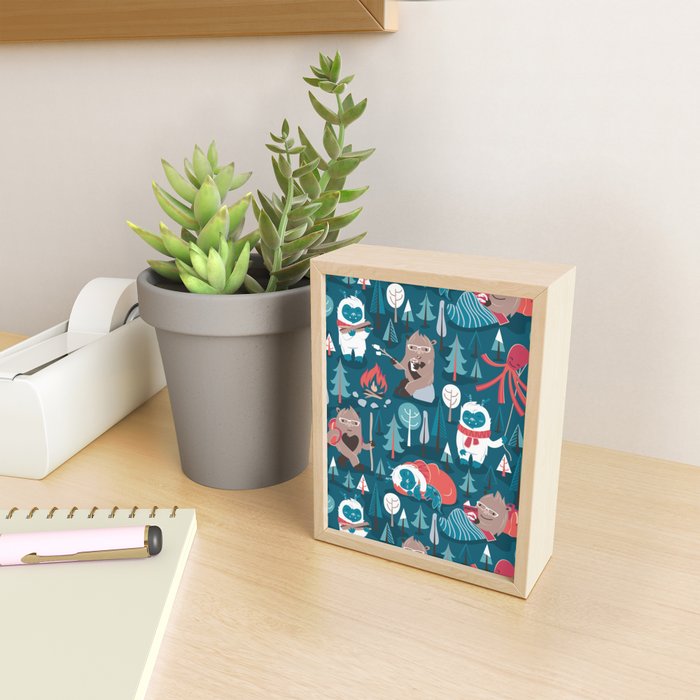 Besties // blue background white Yeti brown Bigfoot blue pine trees red and coral details Mini Art Print Gallery Image 2