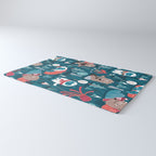 Besties // blue background white Yeti brown Bigfoot blue pine trees red and coral details Rug Gallery Image 3