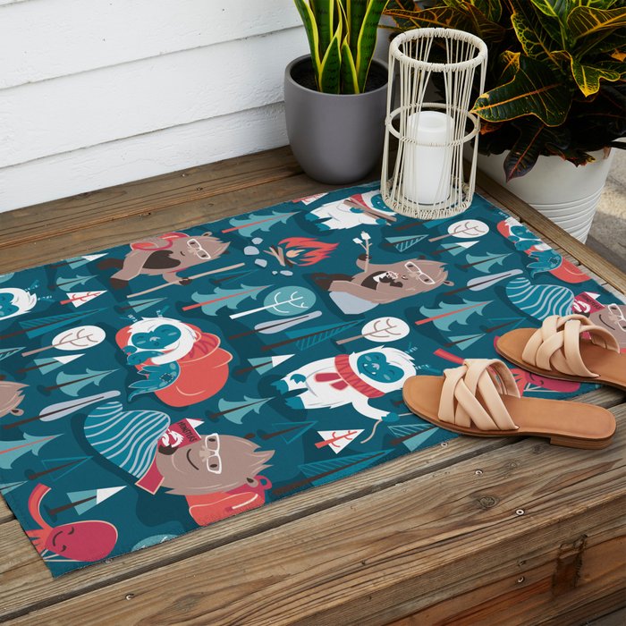 Besties // blue background white Yeti brown Bigfoot blue pine trees red and coral details Outdoor Rug Gallery Image 2