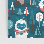 Besties // blue background white Yeti brown Bigfoot blue pine trees red and coral details Poster Gallery Image 3