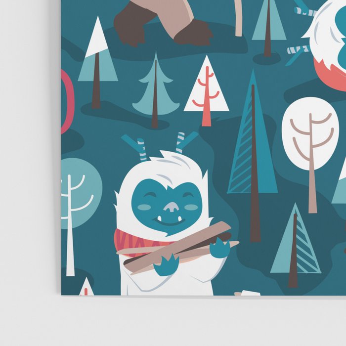 Besties // blue background white Yeti brown Bigfoot blue pine trees red and coral details Poster Gallery Image 3