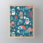 Besties // blue background white Yeti brown Bigfoot blue pine trees red and coral details Mini Art Print Gallery Image 1