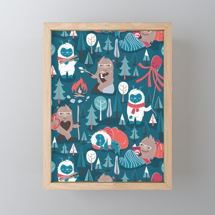 Besties // blue background white Yeti brown Bigfoot blue pine trees red and coral details Mini Art Print Gallery Image 1