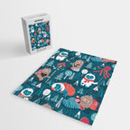 Besties // blue background white Yeti brown Bigfoot blue pine trees red and coral details Jigsaw Puzzle Gallery Image 2
