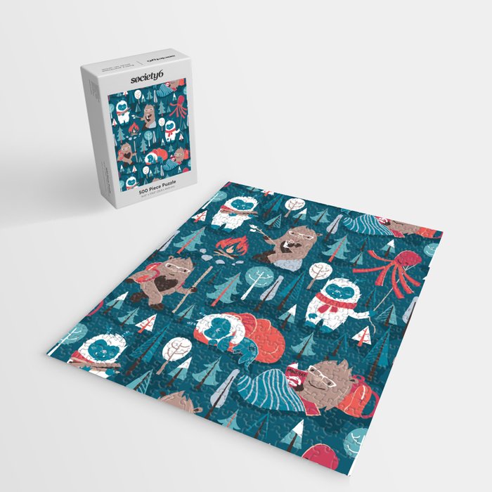 Besties // blue background white Yeti brown Bigfoot blue pine trees red and coral details Jigsaw Puzzle Gallery Image 2