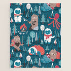 Besties // blue background white Yeti brown Bigfoot blue pine trees red and coral details Jigsaw Puzzle Gallery Image 1