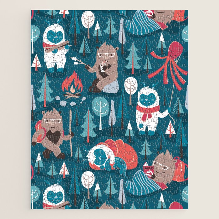 Besties // blue background white Yeti brown Bigfoot blue pine trees red and coral details Jigsaw Puzzle Gallery Image 1