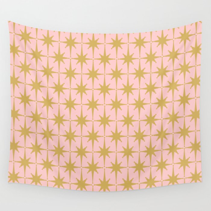 Mid Century Modern Atomic Age Starburst Pattern Pink and Gold  Wall Tapestry Gallery Image 4