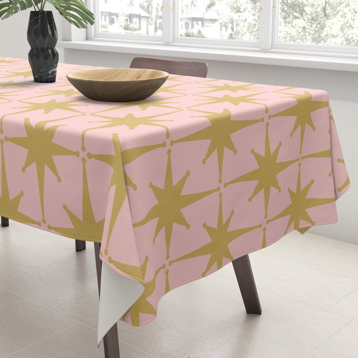 Mid Century Modern Atomic Age Starburst Pattern Pink and Gold  Tablecloth Gallery Image 3