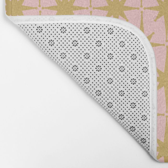 Mid Century Modern Atomic Age Starburst Pattern Pink and Gold  Bath Mat Gallery Image 2