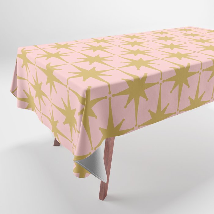 Mid Century Modern Atomic Age Starburst Pattern Pink and Gold  Tablecloth Gallery Image 1