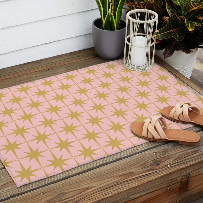 Mid Century Modern Atomic Age Starburst Pattern Pink and Gold  Outdoor Rug Gallery Image 2