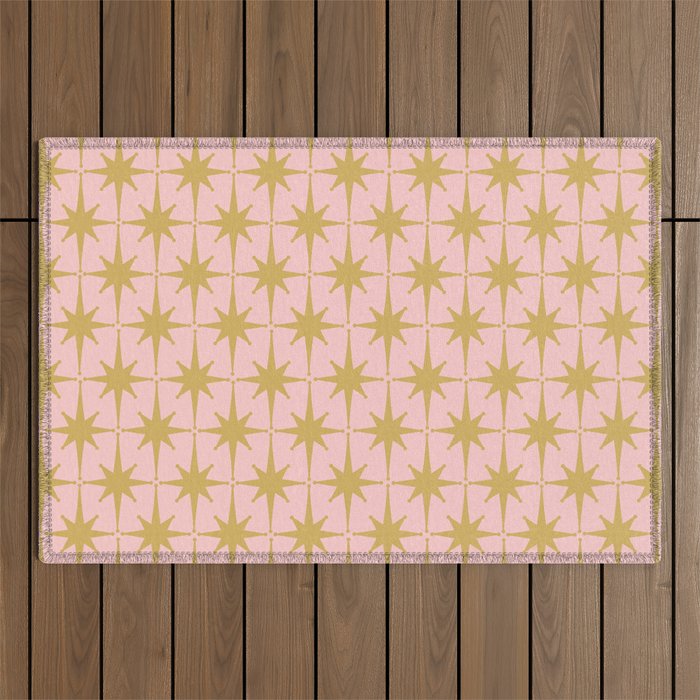Mid Century Modern Atomic Age Starburst Pattern Pink and Gold  Outdoor Rug Gallery Image 1