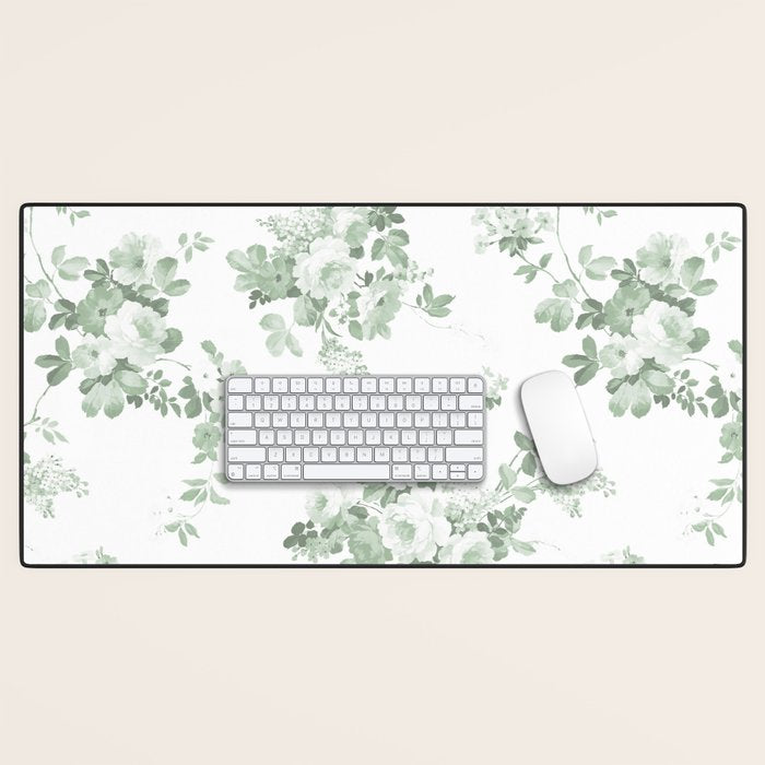 Elegant vintage green white roses shabby floral Desk Mat Gallery Image 1