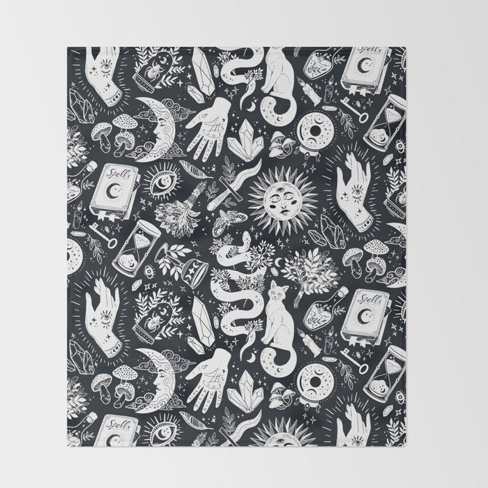 Witchy Things In Black And White Throw Blanket Gallery Image 2