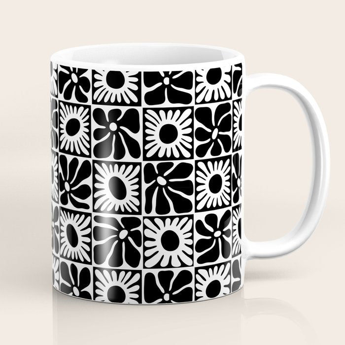 Black and white retro flower art pattern Coffee Mug Gallery Image 1