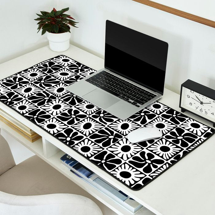 Black and white retro flower art pattern Desk Mat Gallery Image 2