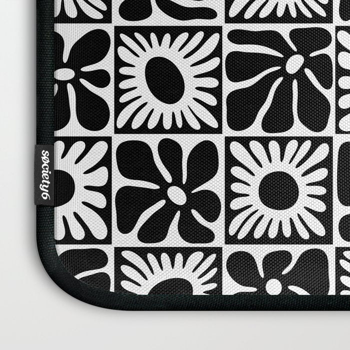 Black and white retro flower art pattern Laptop Sleeve Gallery Image 3