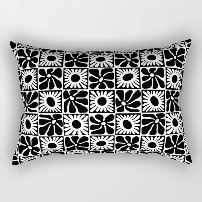 Black and white retro flower art pattern Rectangular Pillow Gallery Image 1