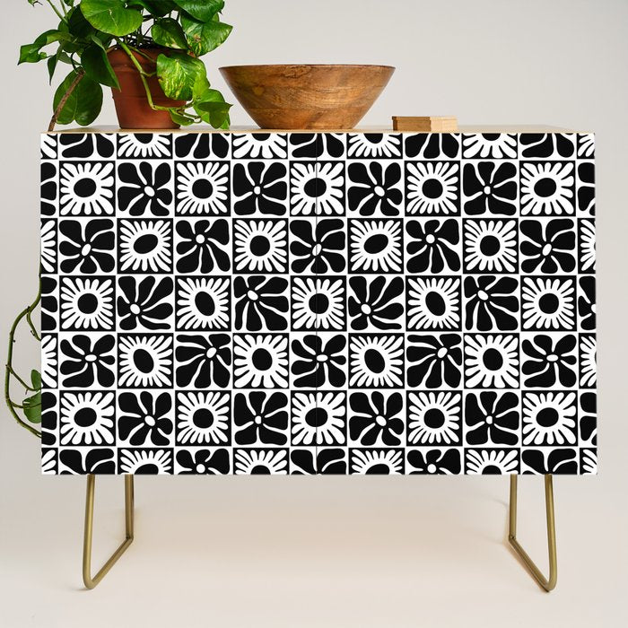 Black and white retro flower art pattern Credenza Gallery Image 1