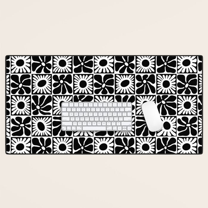 Black and white retro flower art pattern Desk Mat Gallery Image 1