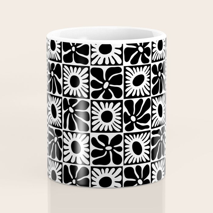 Black and white retro flower art pattern Coffee Mug Gallery Image 4