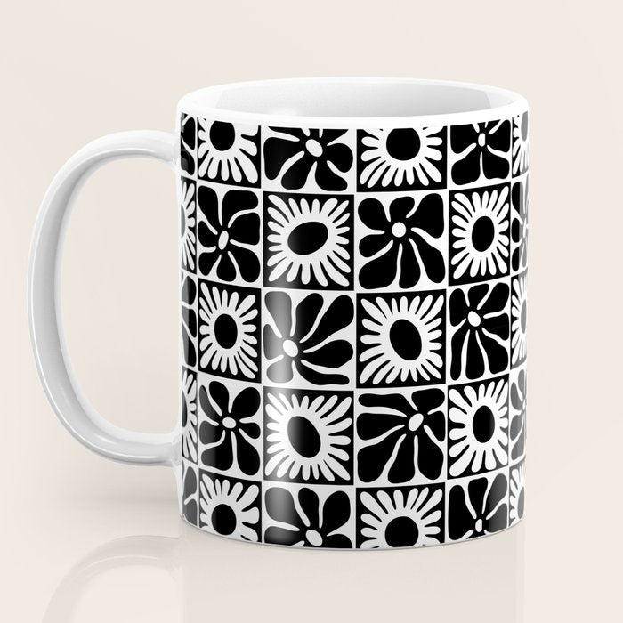 Black and white retro flower art pattern Coffee Mug Gallery Image 3