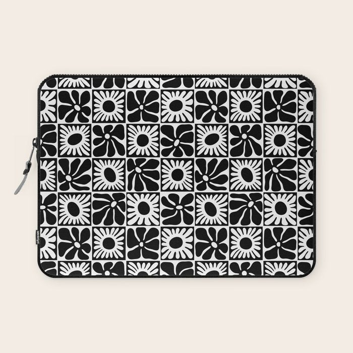Black and white retro flower art pattern Laptop Sleeve Gallery Image 1
