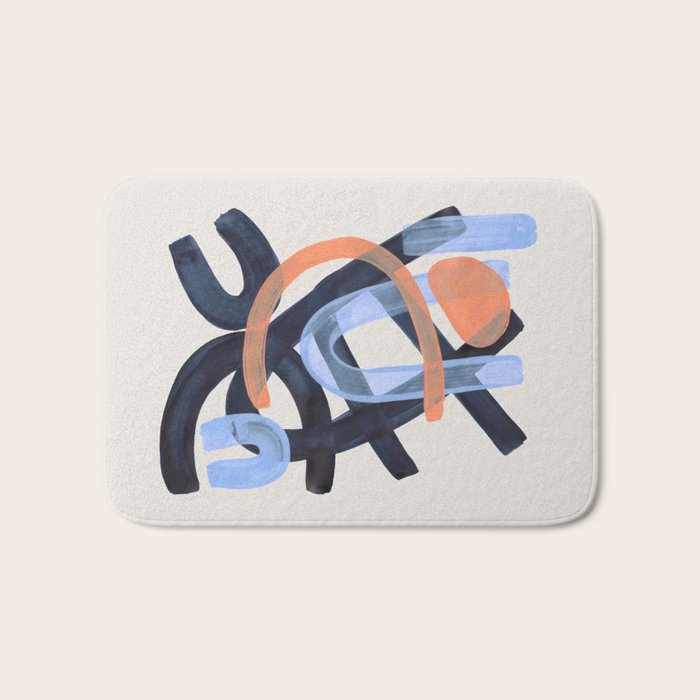 Midcentury Modern Minimalist Funky Cool Tribal Pattern Paynes Grey Pastel Blue Tan Shapes by Ejaaz Haniff Bath Mat Gallery Image 1