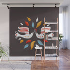 Retro christmas birds illustration Wall Mural Gallery Image 1