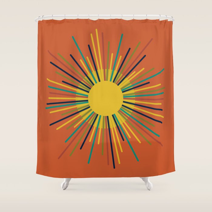 Sun 2 - Mid Mod Multicolor Sunburst on Orange Shower Curtain Gallery Image 1