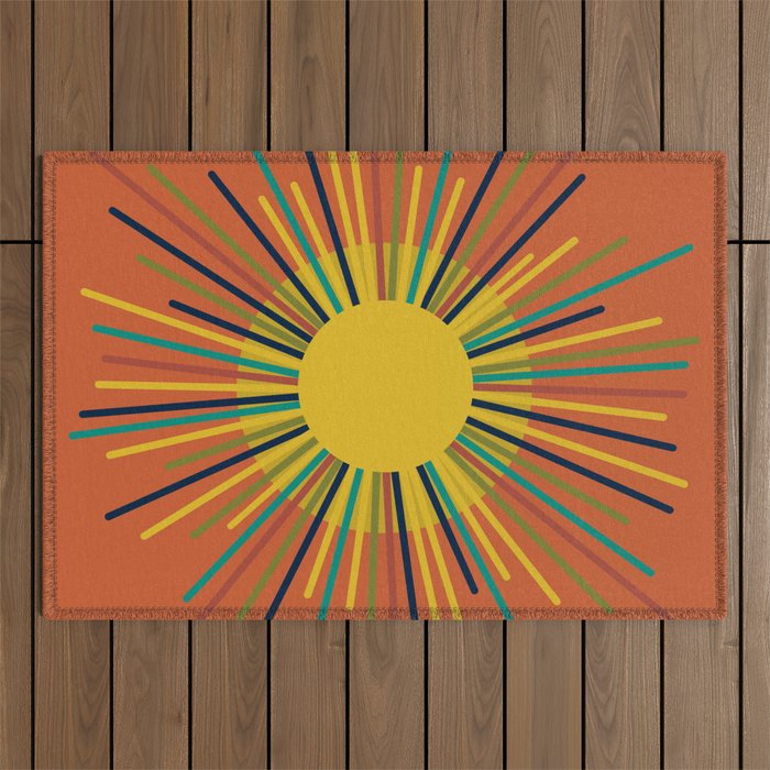 Sun 2 - Mid Mod Multicolor Sunburst on Orange Outdoor Rug Gallery Image 1